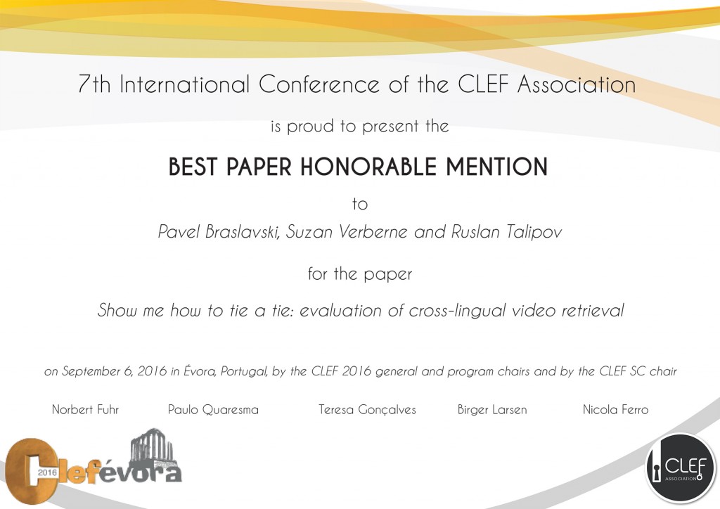 Beste paper honerable mention at CLEF 2016